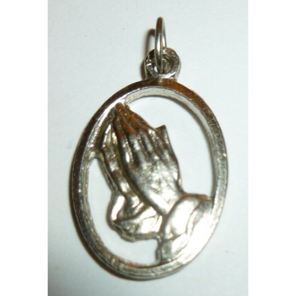 Vintage Silver Tone Praying Hands Oval Charm Pendant Religious Jewelry